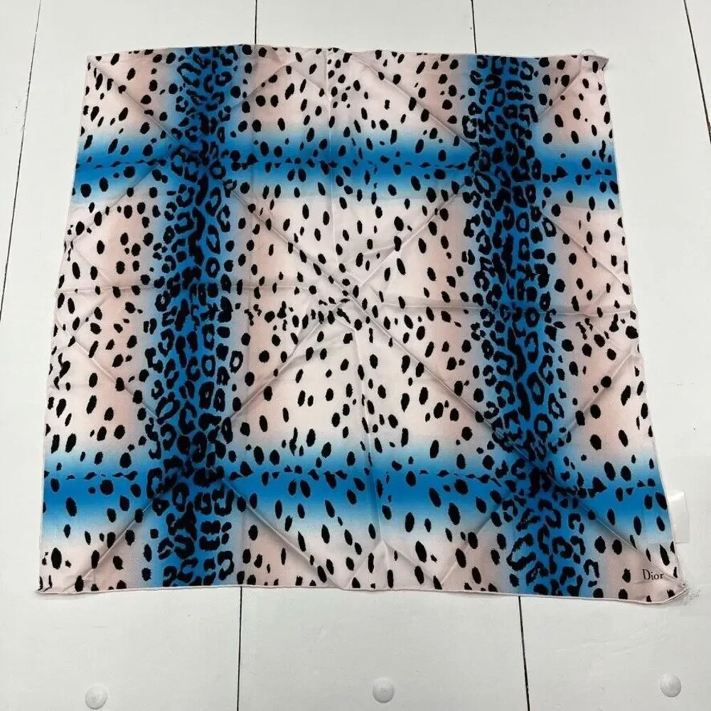Dior White & Blue Leopard Printed Square 70 Scarf Women One Size NEW *